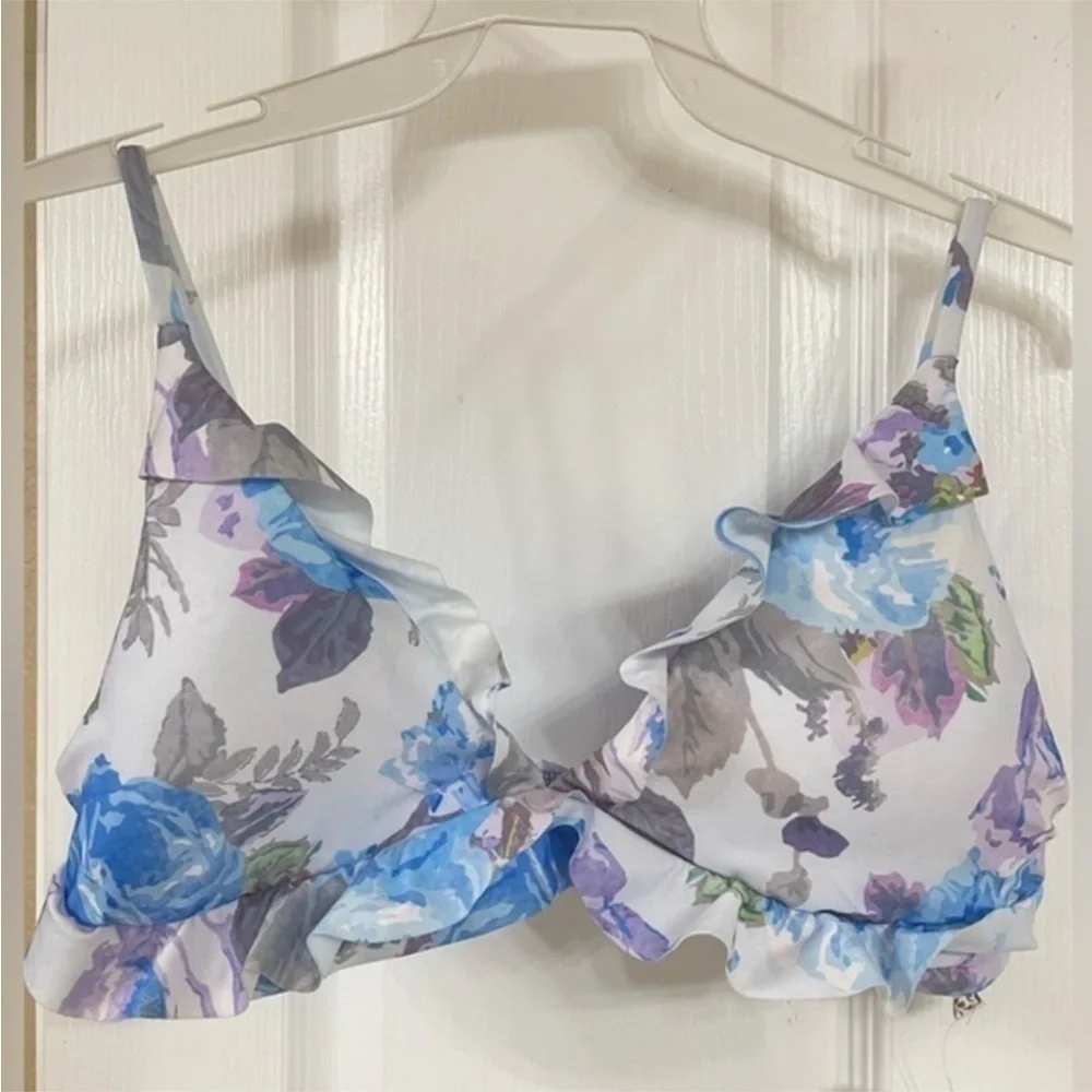 BECCA Blue Vintage Floral Print Ruffled Bikini Top
